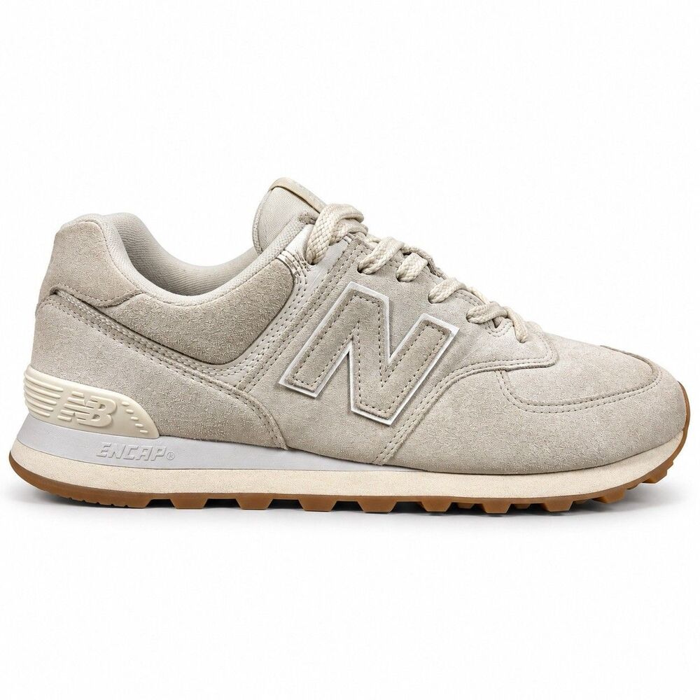 New Balance 574 Sneakers Men 10.5 Women 12 White Tan Suede Gum Sole Shoes